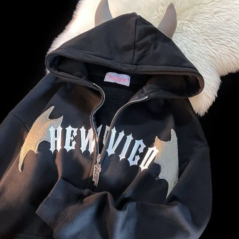 Hoodies Devil Women Men Dark Style Vintage Harajuku Hoody Zip Up Sweatshirt Hip Hop Streetwear Y2k Aesthetic Grunge Cardigan