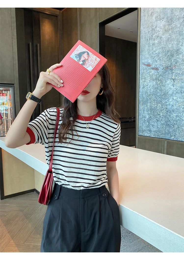 2026 Stripe Tops Women Knitted Round Collar Summer Print Short Sleeve Casual Simple Wild T-Shirt