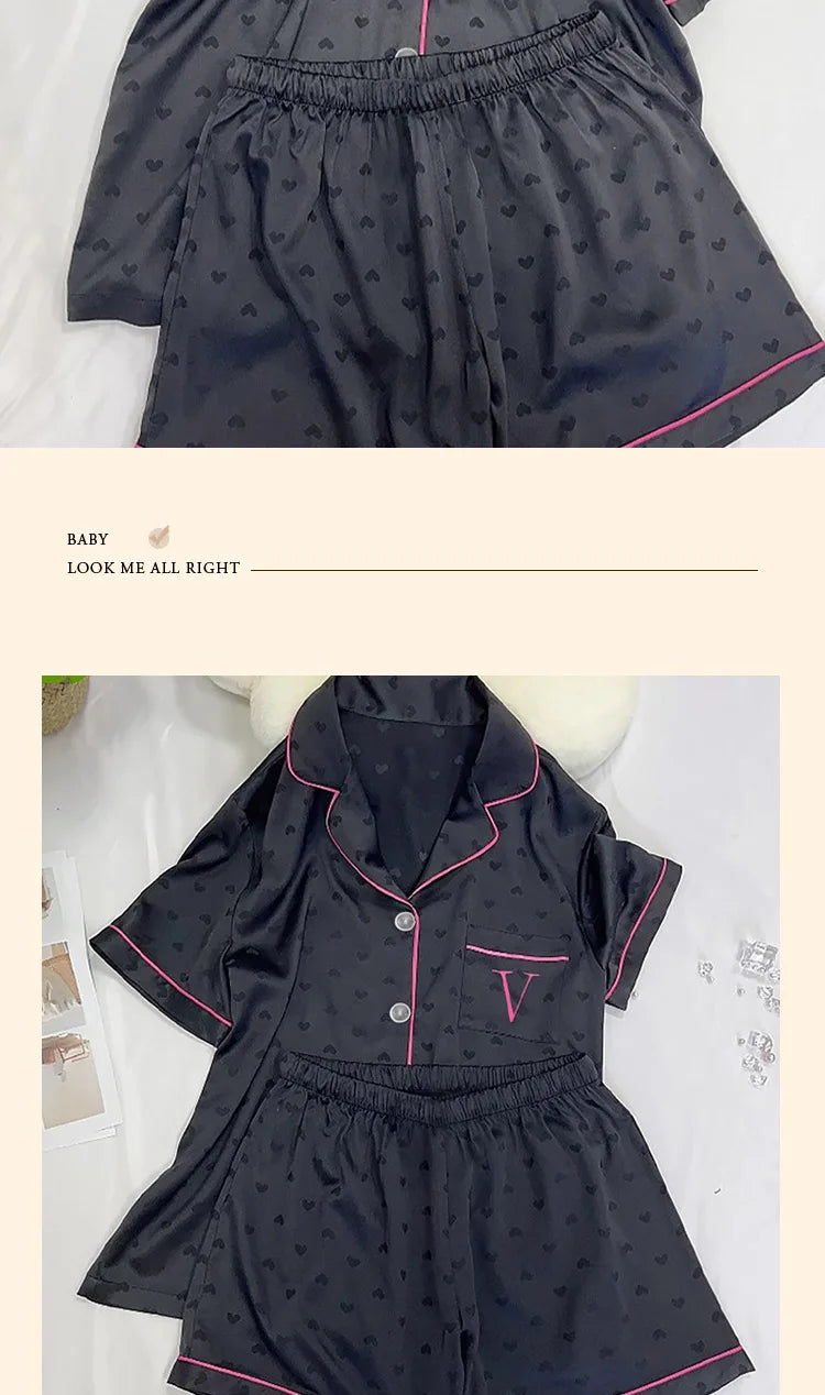 Summer Nightwear for Women: Ice-Silk Cool-Touch Short-Sleeved Premium Black Heart-Print Outerwear-Style Loungewear Fashion Set