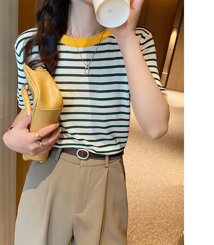 2026 Stripe Tops Women Knitted Round Collar Summer Print Short Sleeve Casual Simple Wild T-Shirt
