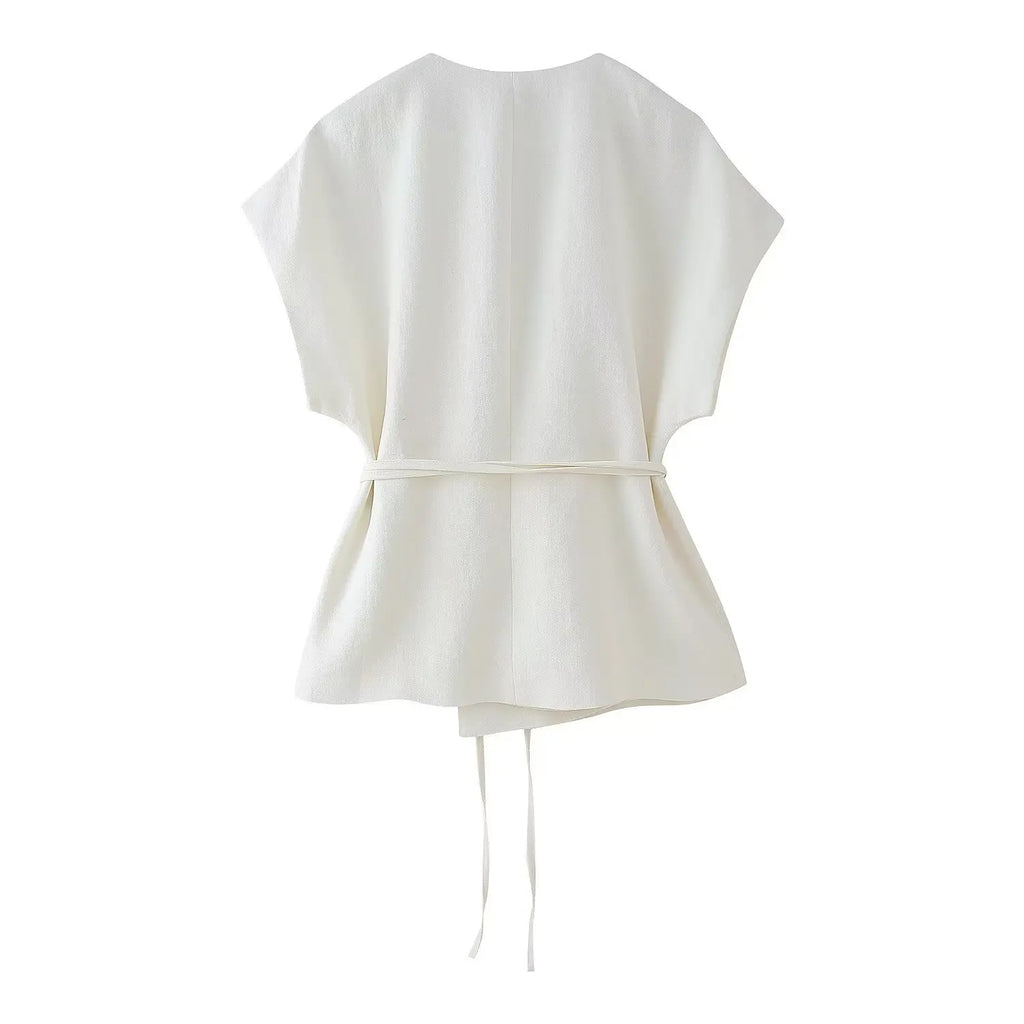 HH Women Summer Elegant Suits Flax Blended Double-lapel Lace-up Vest Tops Raglan Sleeve Button Decoration Streetwear Vest