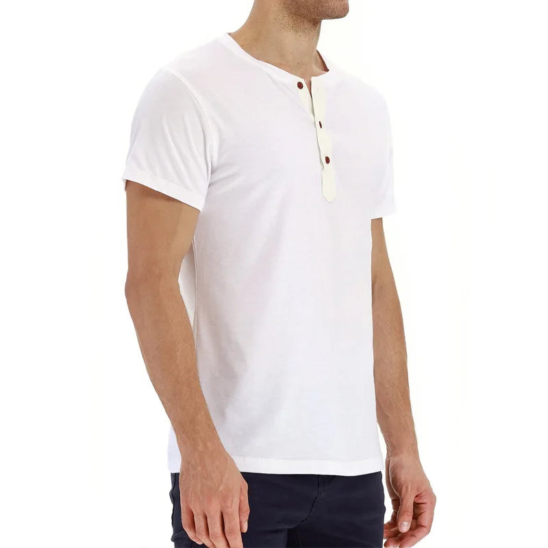 Summer Men T Shirt Short Sleeve Fashion Henley Collar Tshirt Solid Button Casual Men's Tshirts Cotton Tops Tees Mens Clothing