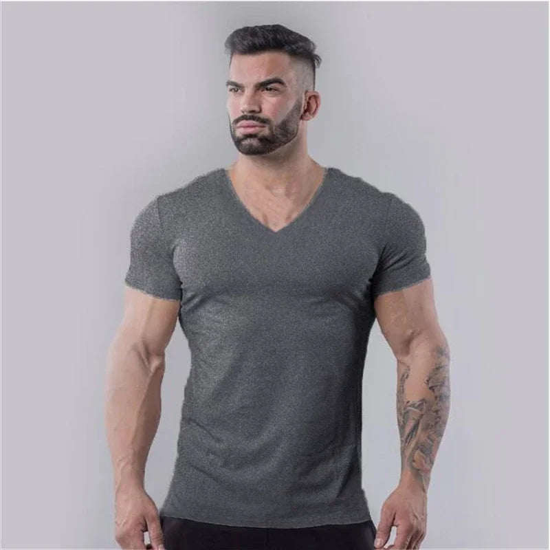 Mens Plain  Summer Cotton Breathable Short Sleeve Shirts Running V-neck T-shirt Gym Bodybuilding Fitness Workout Muscle Clothin
