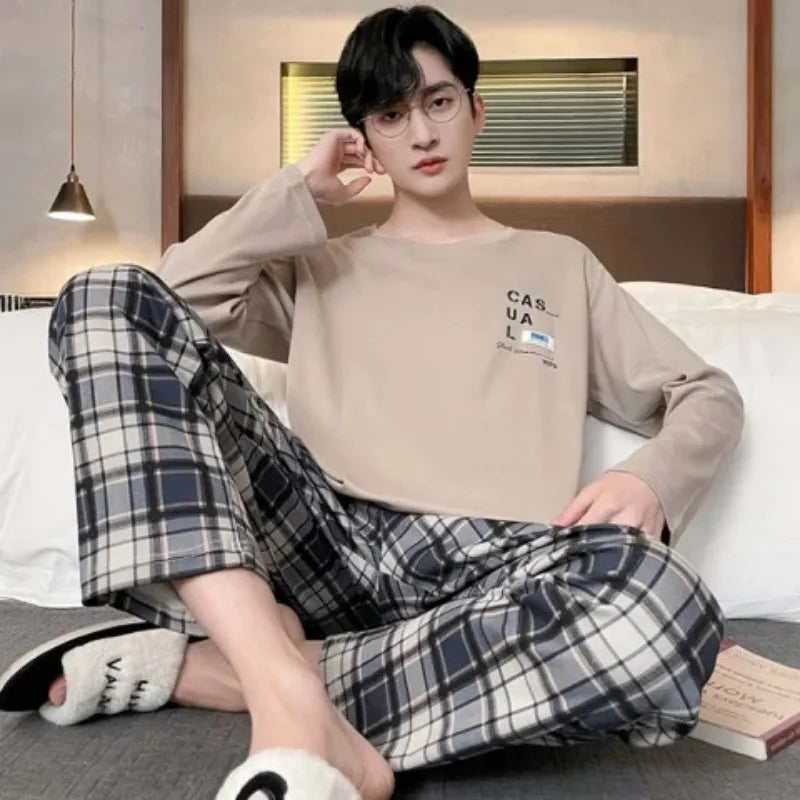 Plus Size Men Pajama Set Long Sleeve Long Pants Student Loose Casual Sleepwear Loungewear Two Piece Set Cartoon Nightwear