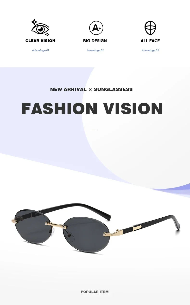 Popular Women Shades Oval Sun Glasses for Female Male Summer Glasses UV400 Rimless Sun Glasses Round Fashion Gafas De Sol Очки