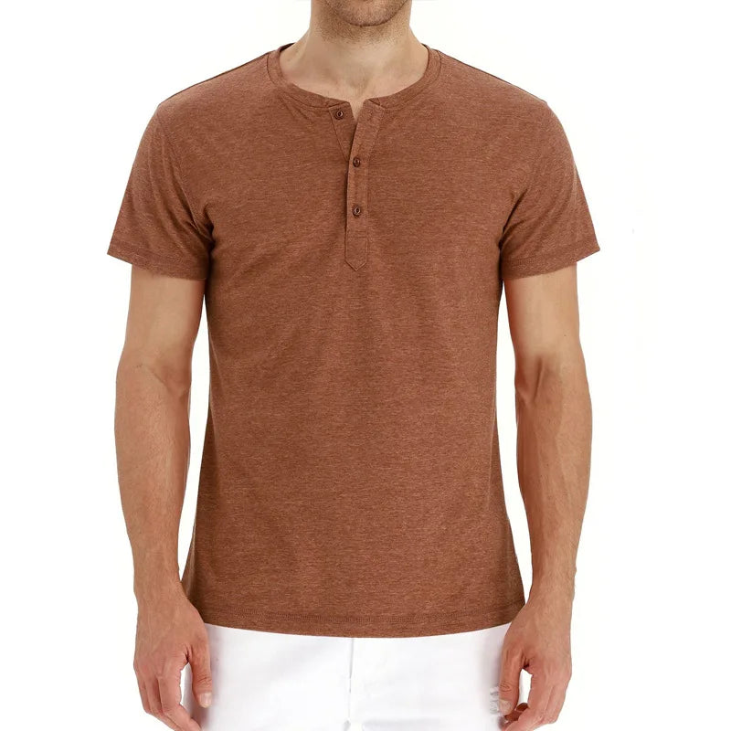 Summer Men T Shirt Short Sleeve Fashion Henley Collar Tshirt Solid Button Casual Men's Tshirts Cotton Tops Tees Mens Clothing