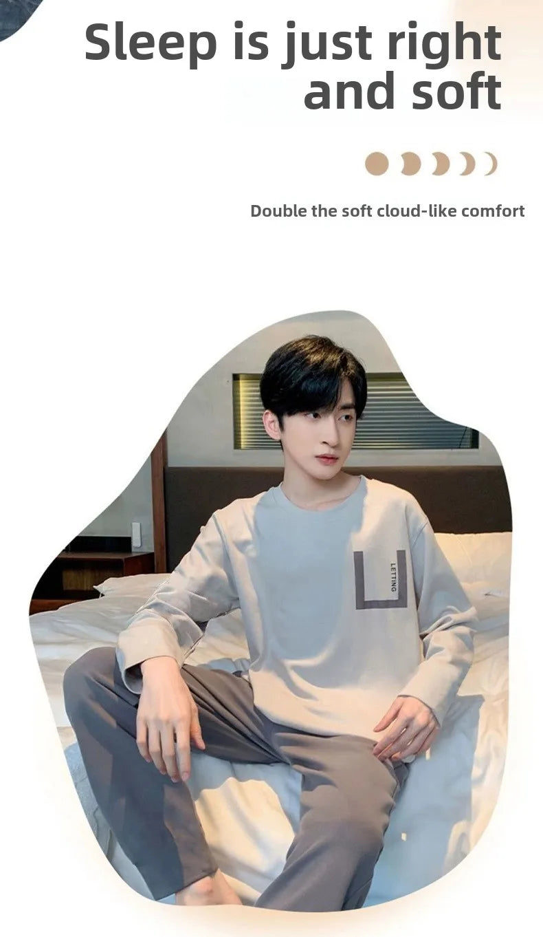 Plus Size Men Pajama Set Long Sleeve Long Pants Student Loose Casual Sleepwear Loungewear Two Piece Set Cartoon Nightwear