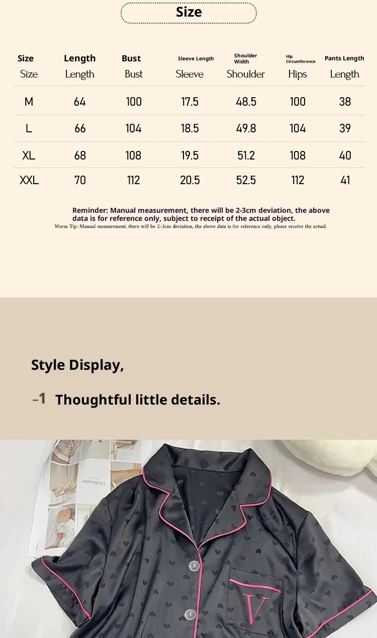 Summer Nightwear for Women: Ice-Silk Cool-Touch Short-Sleeved Premium Black Heart-Print Outerwear-Style Loungewear Fashion Set