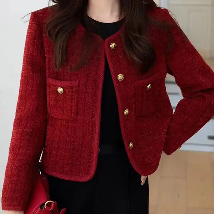 Women's Jacket 2024 Spring Autumn New Red Tweed Small Fragrance Coat Short Blazers Korean Fashion Elegant Female Tops Outerwear