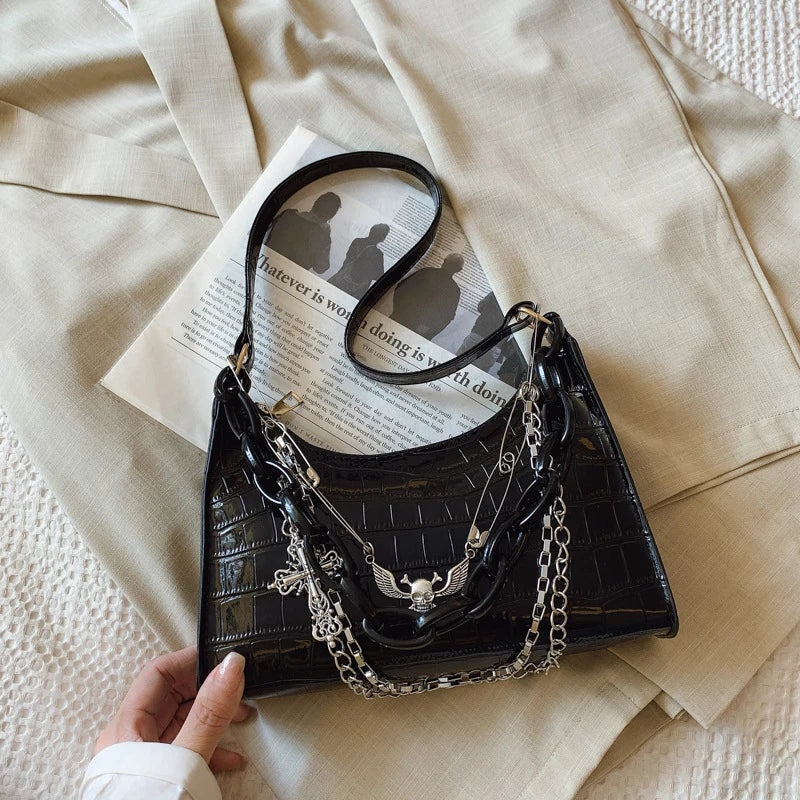 Cool Hot Girls Underarm Bags Purse Retro Punk Style Women Shoulder Handbags Chain Pu Leather Ladies Phone Crossbody Bag