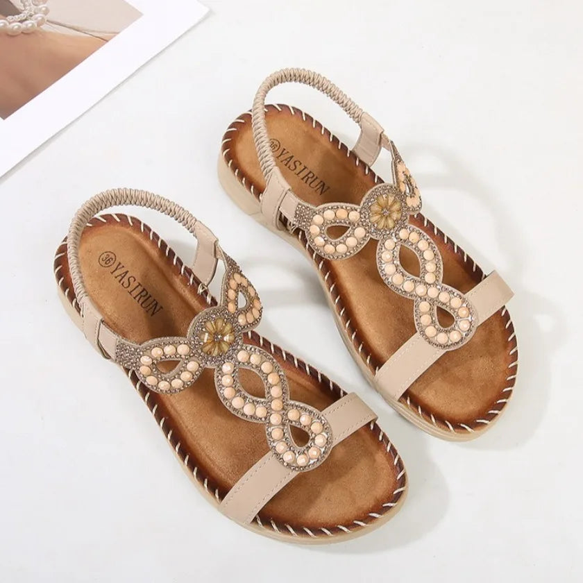 New fashionable Bohemian sandals, round-toe flat sandals for women, rhinestone-decorated large-size women's sandals