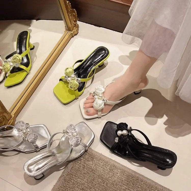 Fashionable Floral Pearl Summer Sandals Women's Trendy Slip-On Shoes Korean Style Elegant Mid Heel PU Leather Artificial Inte