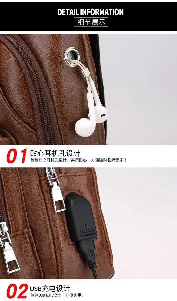 Men's Chest Bags Pack Business Messenger USB Charging Fashion PU Leather Waist Outdoor Casual Sports Brand Single Shoulder Bag