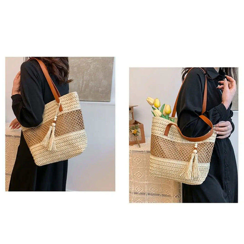 Girls Gift Hollow Out Straw Shoulder Bag Breathable Casual Summer Beach Bag Portable Bohemian Weave Tote Bag Outdoor