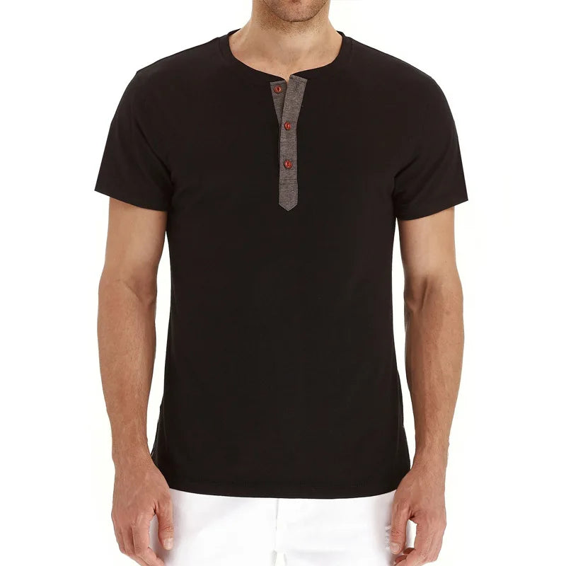 Summer Men T Shirt Short Sleeve Fashion Henley Collar Tshirt Solid Button Casual Men's Tshirts Cotton Tops Tees Mens Clothing
