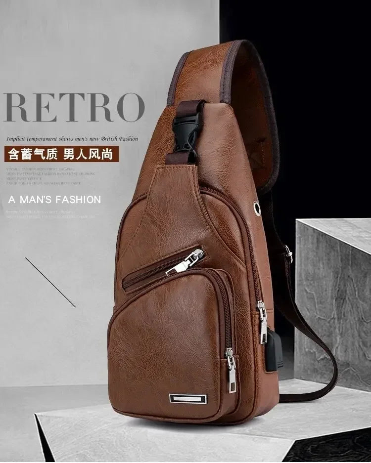 Men's Chest Bags Pack Business Messenger USB Charging Fashion PU Leather Waist Outdoor Casual Sports Brand Single Shoulder Bag