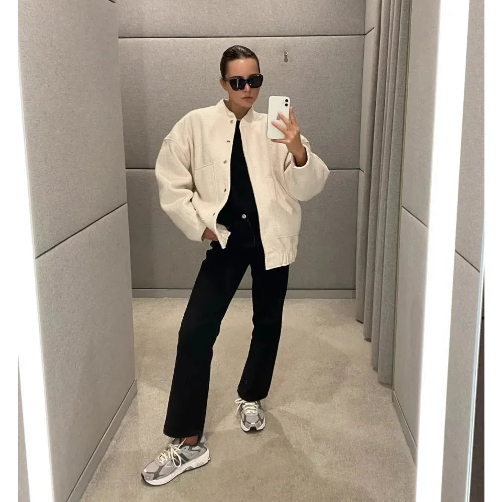 Casual Jackets For Women Fashion Chic Lady Long Sleeves Mock Neck Warm Coat Top Female Autumn Outwear Bomber Jackets Coats