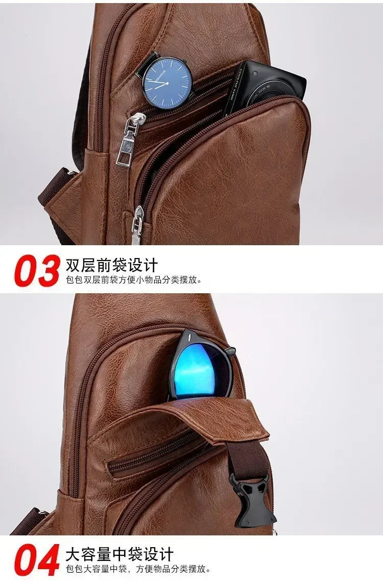 Men's Chest Bags Pack Business Messenger USB Charging Fashion PU Leather Waist Outdoor Casual Sports Brand Single Shoulder Bag