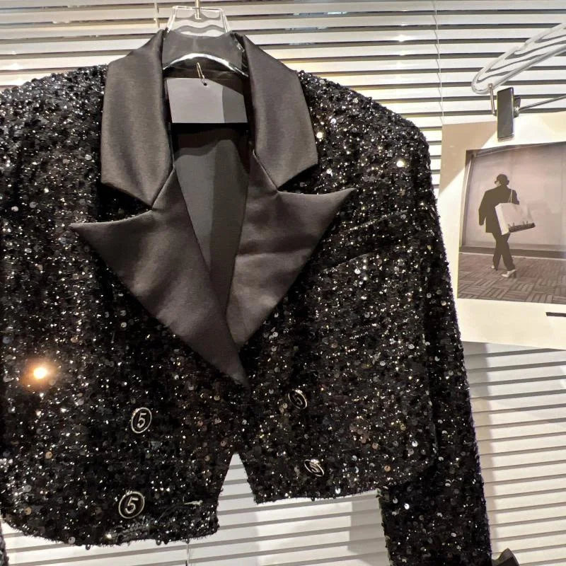 Women's Jackets Woman Clothing Small High Sequined Short Coat Female Autumn Temperament Online Celebrity Suit Collar Shiny Coat