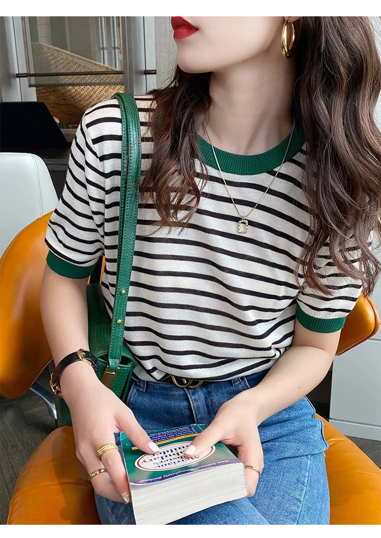 2026 Stripe Tops Women Knitted Round Collar Summer Print Short Sleeve Casual Simple Wild T-Shirt