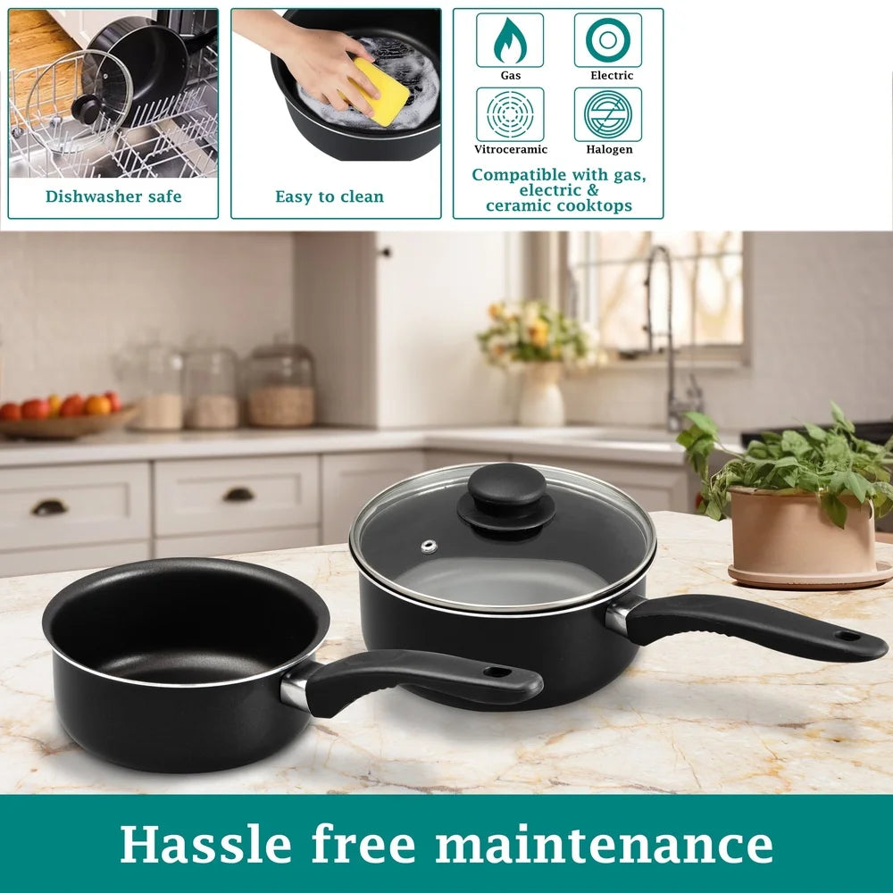 3 Piece Non-Stick Sauce Pans Set Includes 1Qt 2Qt Pots with Lid Easy Clean Dishwasher Safe Lightweight Heat Resistant Kitchen
