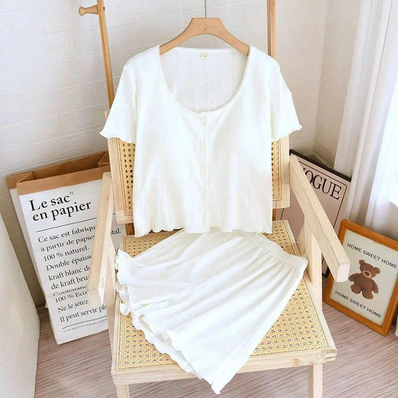 Summer Sleepwear Clothes for Ladies Knitted Printed Cardigan Short Sleeved Shorts 2 Pcs Women's Loose Home Clothes