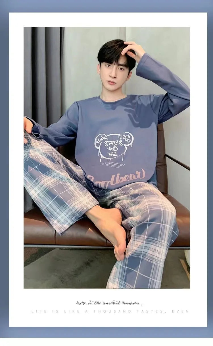 Plus Size Men Pajama Set Long Sleeve Long Pants Student Loose Casual Sleepwear Loungewear Two Piece Set Cartoon Nightwear