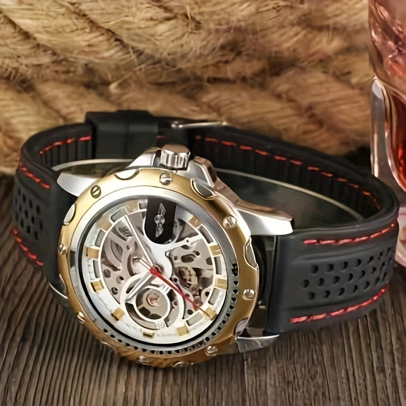 [1 Mechanical Watch for Men] Men's Fashion Mechanical Watch - Casual Style Hollow Design, 30m Waterproof, Round Alloy Case, Silicone Strap, Automatic Winding Movement - Elegant High-End Casual Business Watch, No Battery