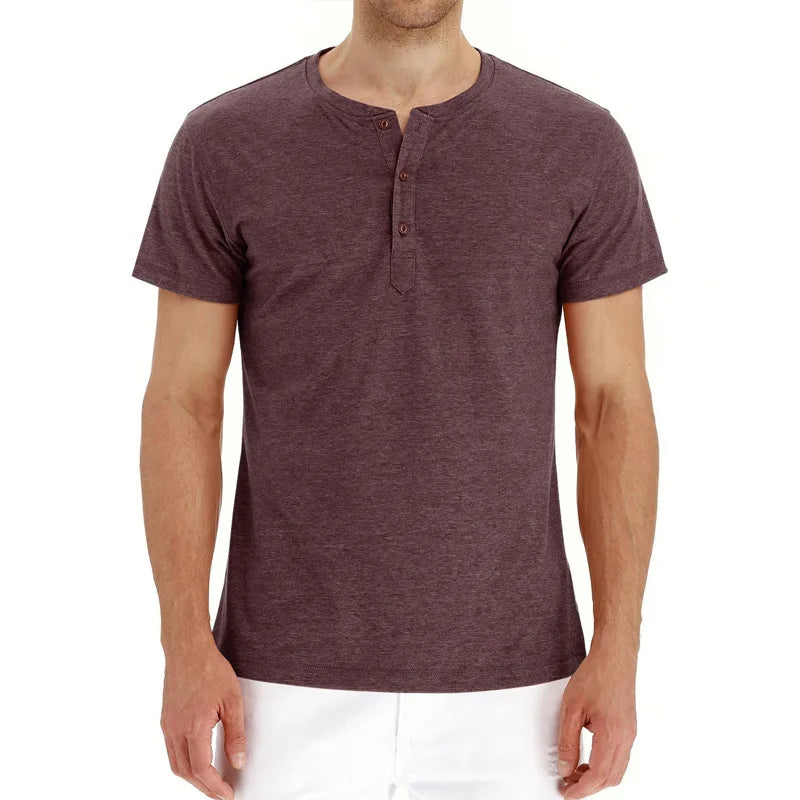 Summer Men T Shirt Short Sleeve Fashion Henley Collar Tshirt Solid Button Casual Men's Tshirts Cotton Tops Tees Mens Clothing