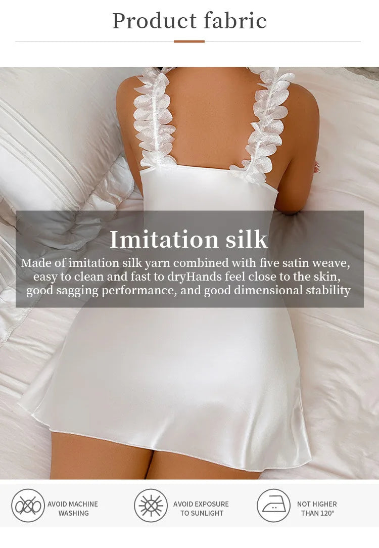Summer Nightdress for Women Nightgowns Contrast Sensual Ice Silk Satin Deep V Backless Split Slip Sleep Dress Nighties