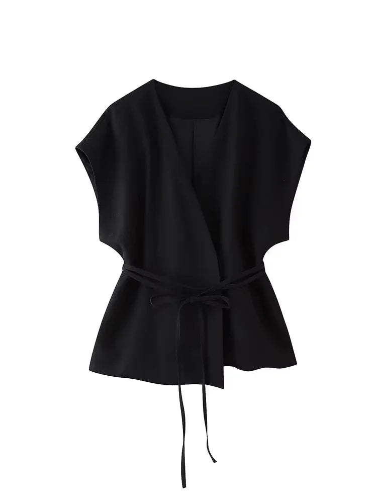 HH Women Summer Elegant Suits Flax Blended Double-lapel Lace-up Vest Tops Raglan Sleeve Button Decoration Streetwear Vest