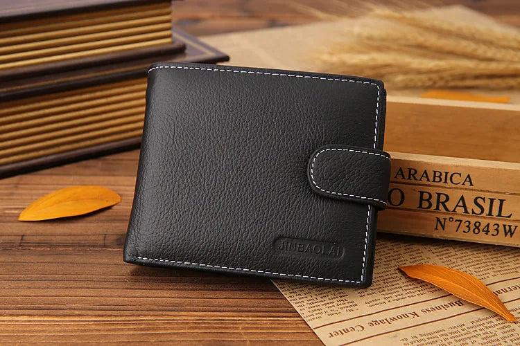 Genuine Leather Mens Wallet Premium Product Real Cowhide Wallets for Man Short Black Walet Portefeuille Homme Short Purses