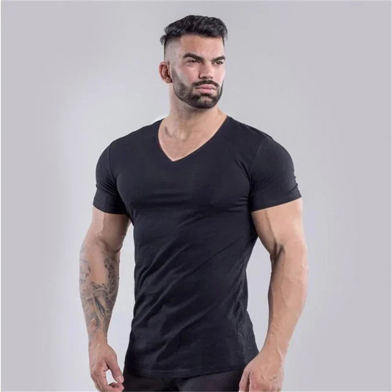 Mens Plain  Summer Cotton Breathable Short Sleeve Shirts Running V-neck T-shirt Gym Bodybuilding Fitness Workout Muscle Clothin
