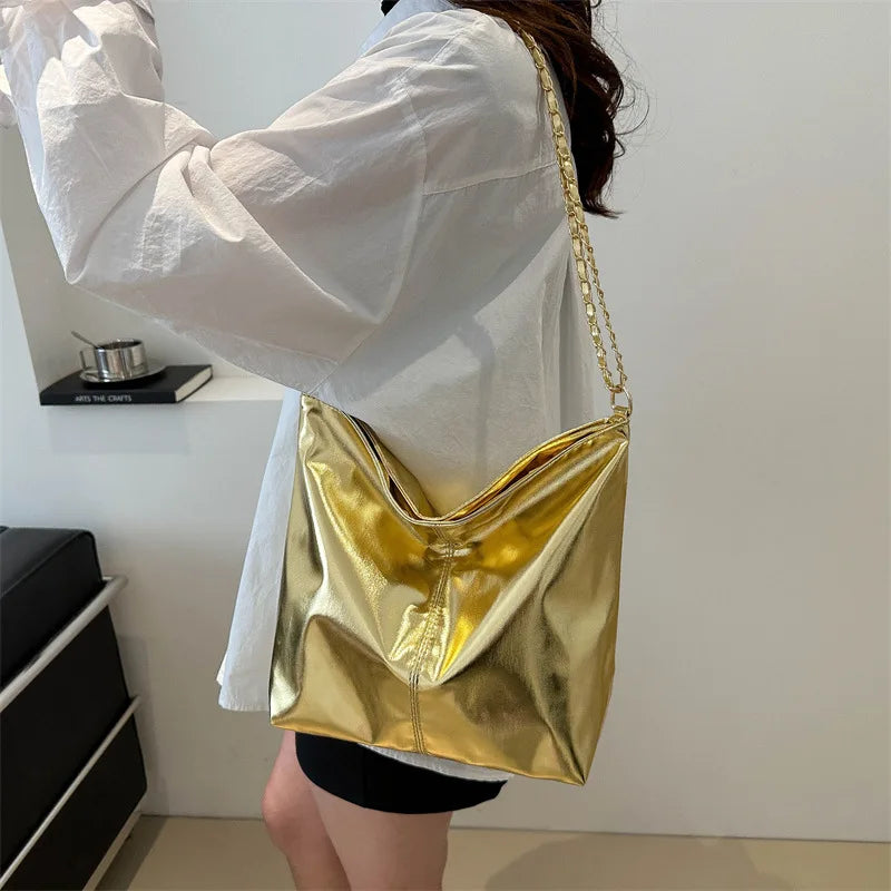 Glossy Tote Bags for Women Fashion High Capacity Shopping Pouch PU Leather Handags Shiny Casual Female Purse Girls Shoulder Bag