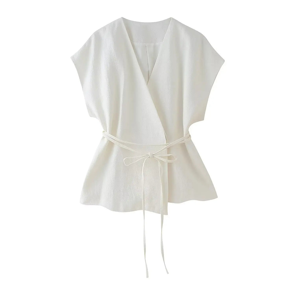 HH Women Summer Elegant Suits Flax Blended Double-lapel Lace-up Vest Tops Raglan Sleeve Button Decoration Streetwear Vest