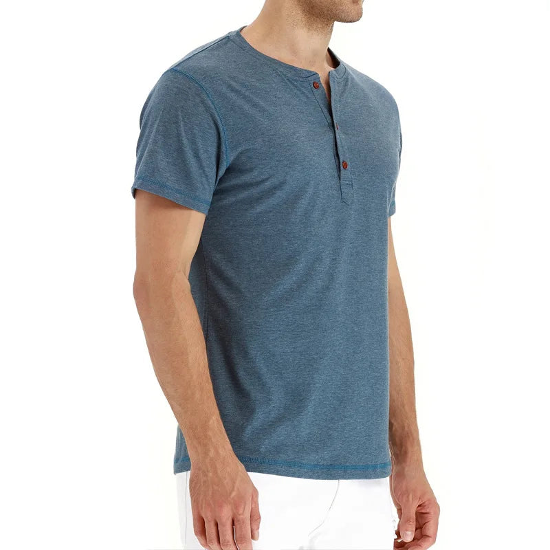 Summer Men T Shirt Short Sleeve Fashion Henley Collar Tshirt Solid Button Casual Men's Tshirts Cotton Tops Tees Mens Clothing