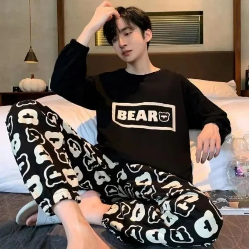 Plus Size Men Pajama Set Long Sleeve Long Pants Student Loose Casual Sleepwear Loungewear Two Piece Set Cartoon Nightwear